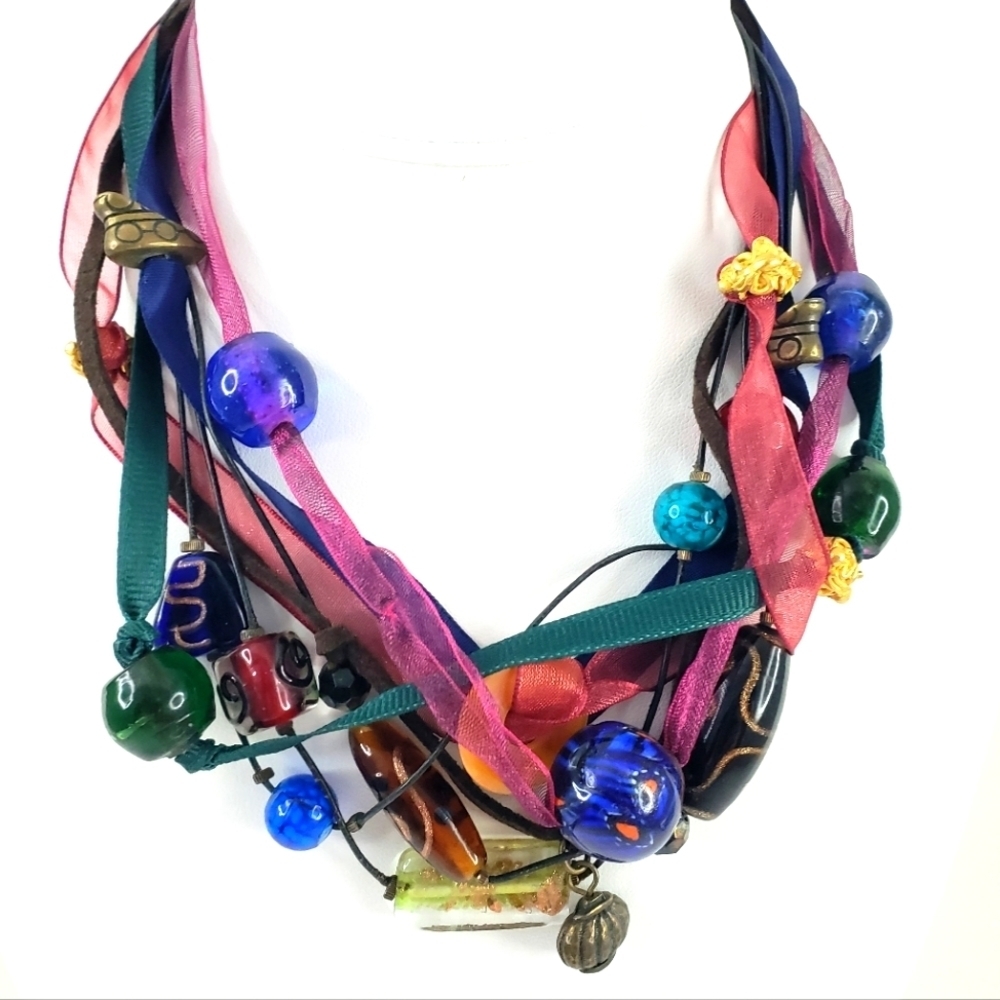 Vintage Chico's necklace organza ribbon + art glass beads - fantastic condition